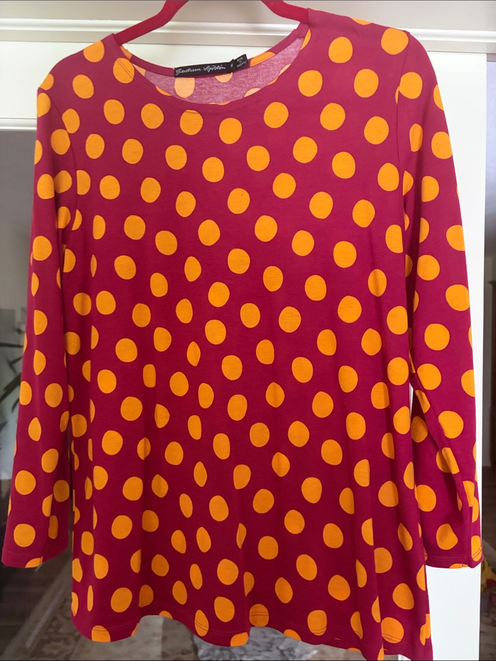 Gudrun Sjoden Wine Red 3/4 length Sleeve Top with Orange Polka Dots